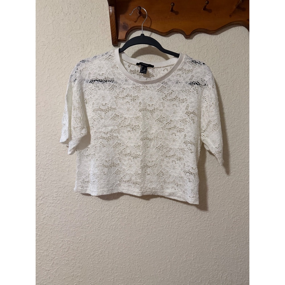 Forever 21 White Lace Cropped Top Short Sleeve Sheer Mesh Womens Small Fairy